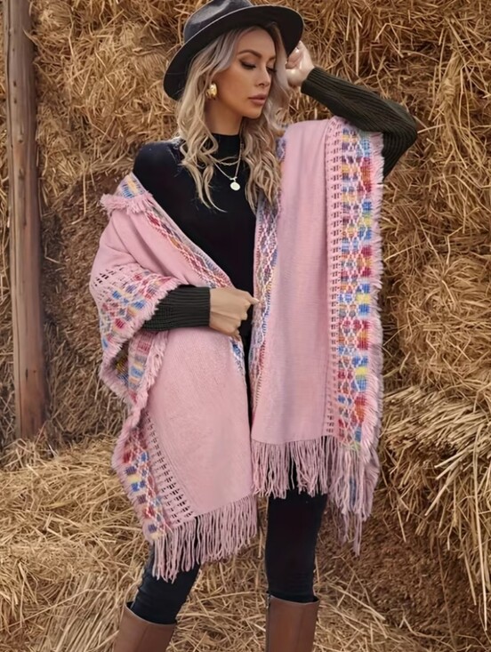 Sweaters - Pink Fringe Boho Knit Shawl Hoodie with Multicolor Trim